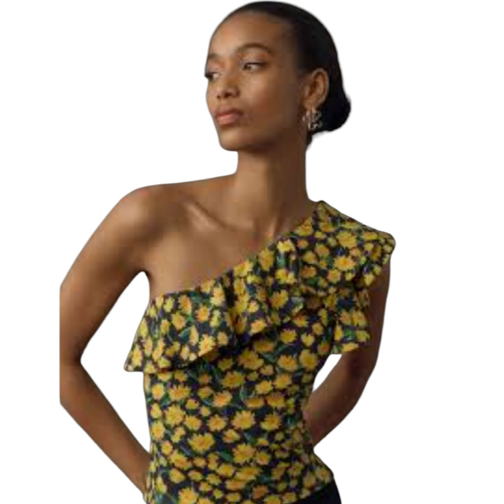 Anthropologie Maeve Top Yellow Sunflower Ruffle One Shoulder Large Small XSmall